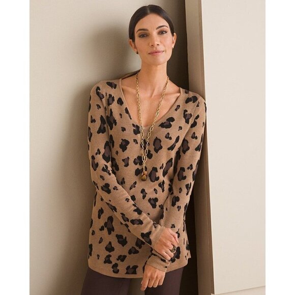 Chico's Leopard Cheetah Print V-Neck Pullover Sweater Size L - Picture 1 of 9